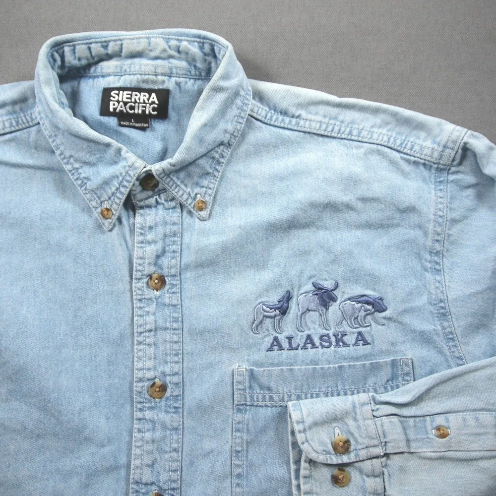 Alaska Wildlife Shamry Denim Embroidered Denim Men L Shirt Vintage Cabin Nature
